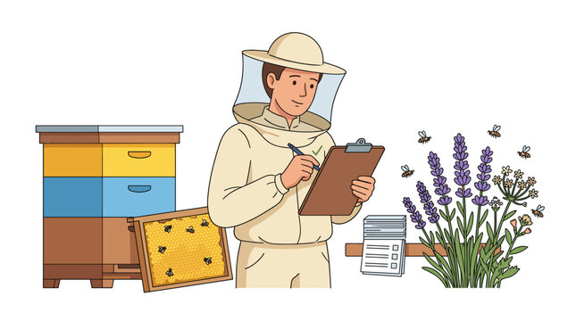 Beekeeper inspecting hive and recording data with lavender
