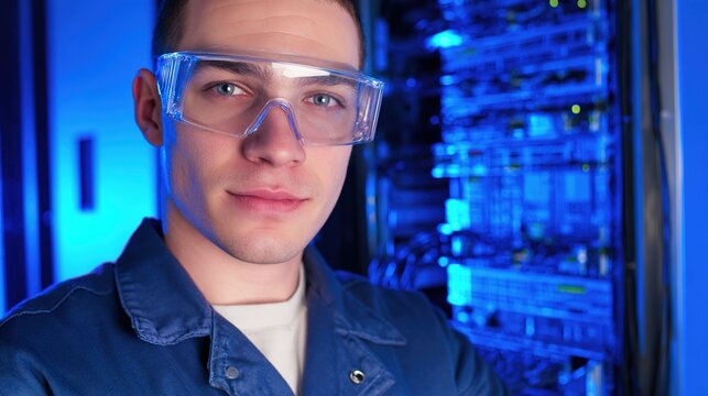 upper. Technical specialist in a data center, wearing safety goggles with blue server lights in the background. product launch decks.