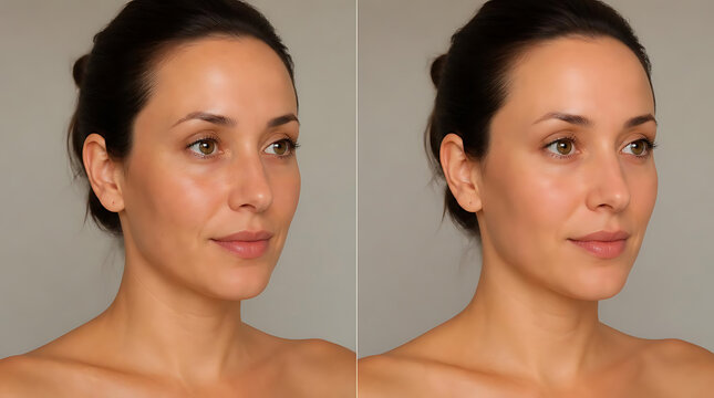 Before and after facial transformation showcasing skincare effects and natural beauty enhancement in a clear comparison image