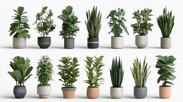 Collection of various potted houseplants isolated on white background, set of indoor decorative green plants in modern ceramic and clay pots for home and office interior design decoration elements