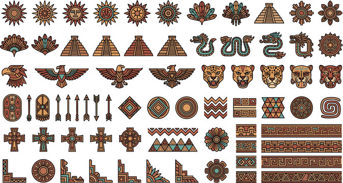 Aztec and Mayan tribal vector elements set featuring sun symbols pyramids jaguars eagles snakes shields arrows borders and geometric ethnic ornaments.