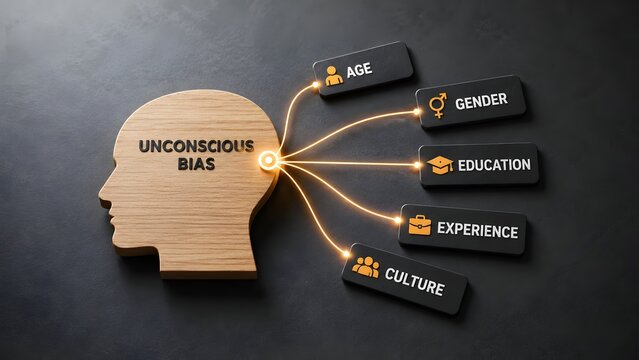 Wooden human head profile with blocks showing unconscious bias. Concept of human resources management, corporate inclusion, and diversity training.