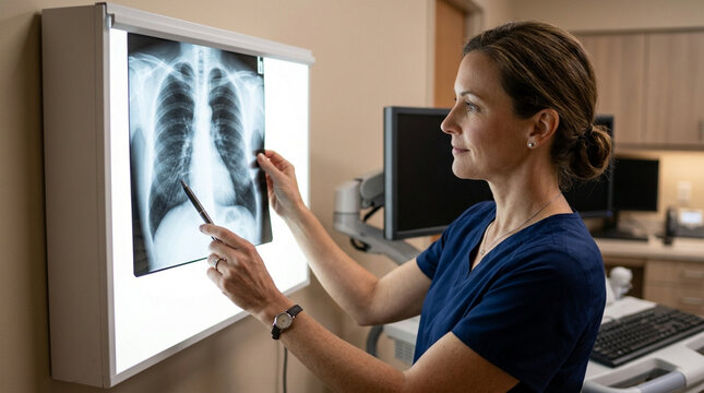 Doctor examining chest x-ray film on illuminator in clinic