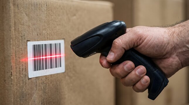 Close up of a hand holding a handheld scanner with red laser beam scanning a barcode on a cardboard box commercial technology abstract concept