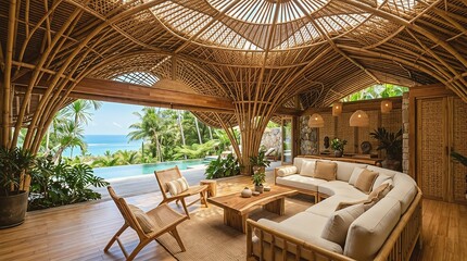 Fototapeta premium Luxurious open air bamboo villa interior with private infinity pool and ocean view