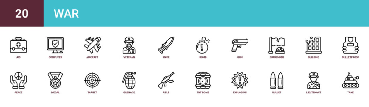 Set of 20 outline web War icons such as tank, lieutenant, bullet, explosion, tnt bomb, rifle, grenade vector icons for report, presentation, diagram, web design, mobile app