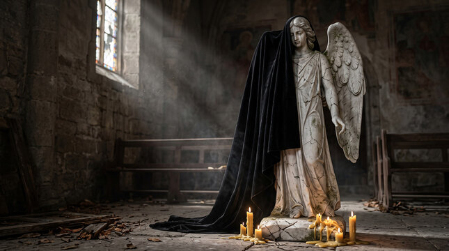 Marble Angel under Black Veil in Abandoned Church