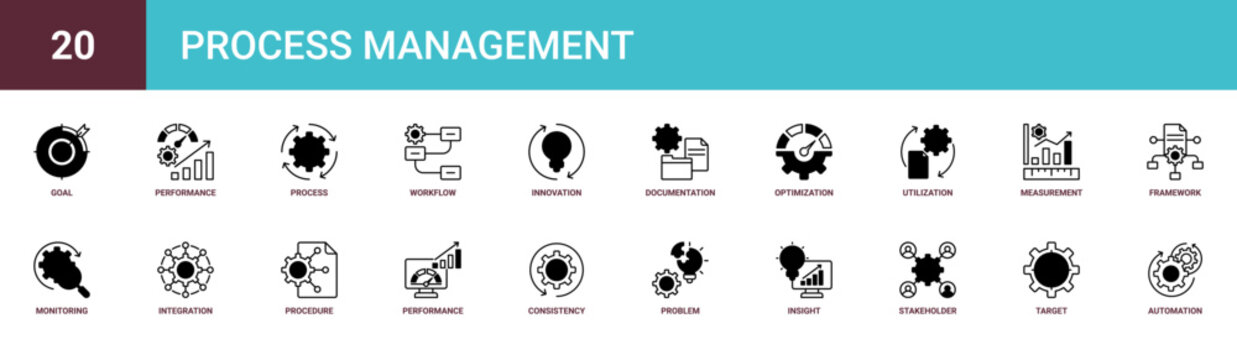 Set of 20 outline web Process Management icons such as automation, target customer, stakeholder, insight, problem solving, consistency, performance vector icons for report, presentation, diagram,