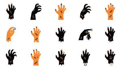 Obraz premium Set of various scary monster and zombie hand illustrations isolated on white for halloween party decoration design elements