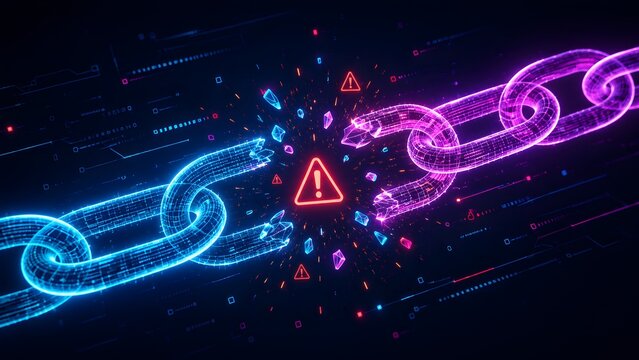 Glowing digital chain snapping with red warning triangles in dark space. Concept of cybersecurity breach, risk management, and data protection.