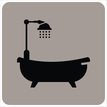 Minimalist bathtub icon with shower head vector illustration. Black bathroom silhouette on grey background. Modern bath tub symbol for hotel signage, plumbing services and home interior decor.