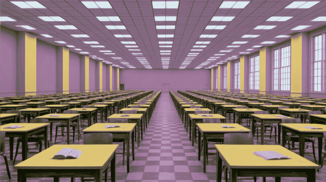 Large university examination hall with rows of desks and open books prepared for academic testing in a spacious educational interior
