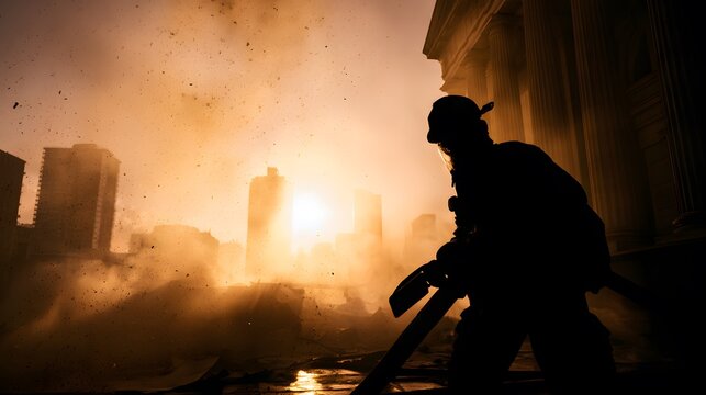 Resolute firefighter battles flames against a collapsing building dramatic golden hour scene evokes courage