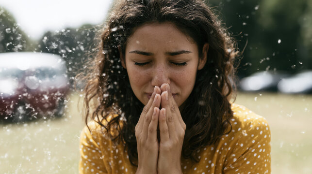 Young woman covering nose to protect from airborne poplar fluff during allergy season in a sunny park