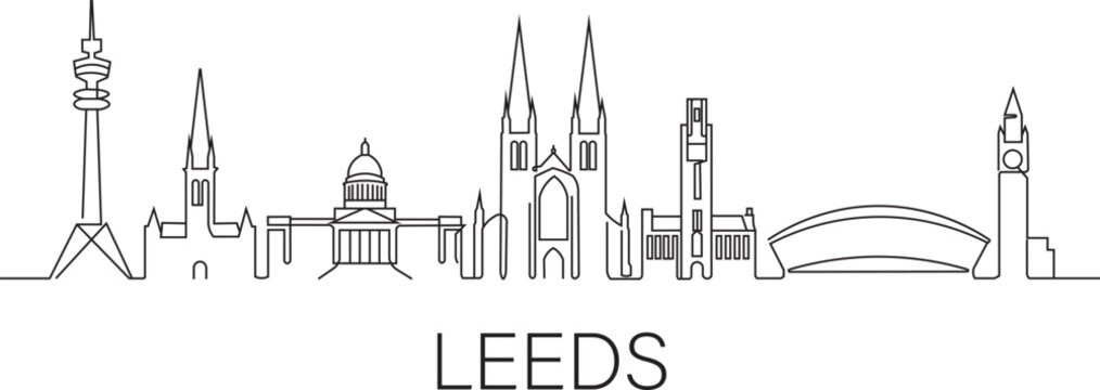 Simple line art shows Leeds skyline silhouette