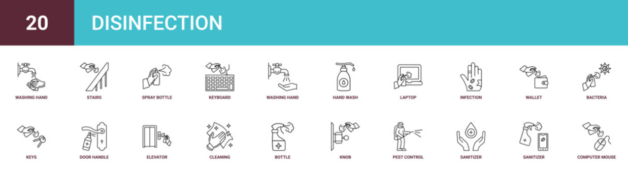 Set of 20 outline web Disinfection icons such as computer mouse, sanitizer, sanitizer, pest control, knob, bottle, cleaning vector icons for report, presentation, diagram, web design, mobile app