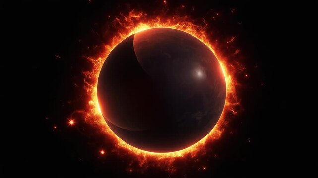 A dark celestial sphere surrounded by a glowing fiery corona, symbolizing cosmic energy, eclipse phenomena, and dramatic interplay of light and darkness.