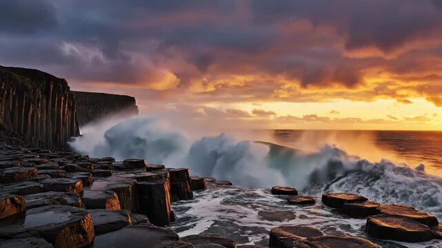 Giant storm waves crashing against hexagonal basalt columns and high volcanic cliffs on a rocky coastline under a dramatic orange and purple sunset sky with dark clouds.