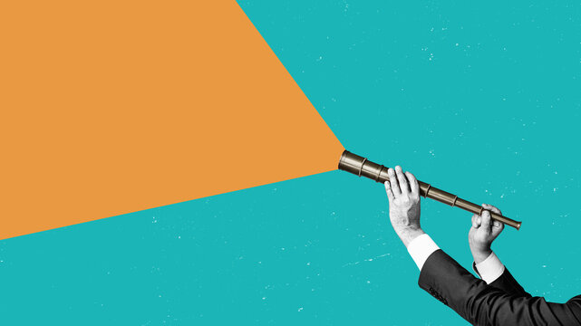 Hands in business attire hold a pirate telescope, isolated against a flat-design background. Business analytics and strategic thinking.