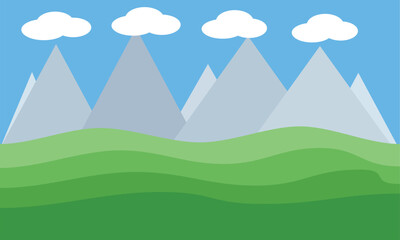 Fototapeta premium A simple flat vector illustration of a green rolling landscape with grey mountain peaks under a bright blue sky with white clouds