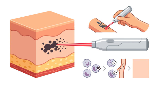 Laser Tattoo Removal Process medical illustration showing skin layers and ink breakdown. Ideal for dermatology clinics and skincare blogs.