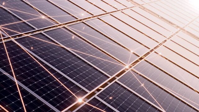Solar Panel Network with Digital Energy Connection Lines, Smart Grid Technology Concept. Realistic 3D render.