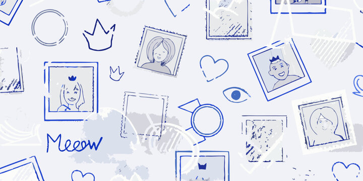Blue Doodle Style Portrait Frames And Decorative Elements Pattern