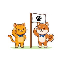 Fototapeta premium Cute cartoon cat and Shiba Inu dog saluting next to a flag with a paw print on a white background.