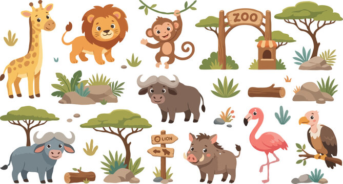 Colorful zoo animals in a safari landscape illustration. Cute cartoon wildlife set with giraffe, lion, and elephant in flat design.