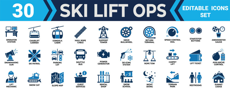 Set of thirty ski lift operations icons showing winter resort equipment and mountain facility services Minimal solid fill icon set bundle collection. Editable Vector Illustration Mega pack
