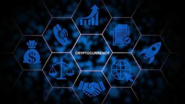 Cryptocurrency digital network concept with hexagonal and financial growth symbols, animated business technology background, for blockchain and, fintech presentations
