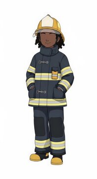 Young girl firefighter in uniform with simple expression standing hands in pockets confident pose safety concept childhood dream