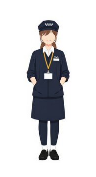 Young girl taxi driver in uniform standing with hands in pockets and simple expression, front view, isolated on white