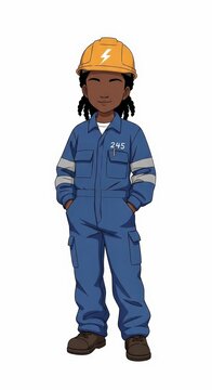 Young female electrician in blue uniform and hard hat with hands in pockets, standing confidently, simple expression