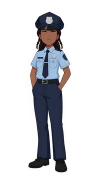 Young girl police officer in uniform with simple facial expression standing with hands in pockets