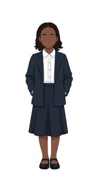 Young girl teacher with simple expression in school uniform standing with hands in pockets
