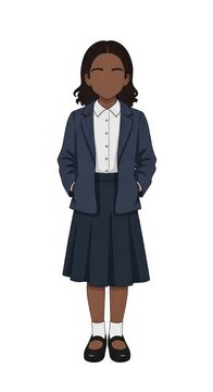 Young girl teacher in school uniform with simple facial expression standing with hands in pockets front view