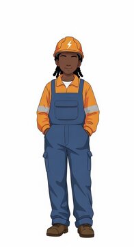 Young girl electrician in work uniform standing confidently with hands in pockets and simple facial expression