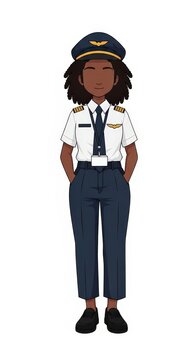 Young girl pilot in uniform with simple facial expression standing with hands in pockets, confident pose, aviation career, future female leader