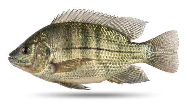 A side view of a Nile Tilapia fish isolated on a white background.