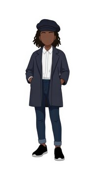 Young girl musician with simple facial expression in stylish standing pose, hands in pockets, minimalist outfit, contemporary urban fashion
