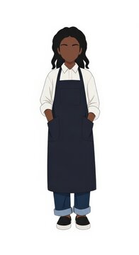 Young girl artist in apron with simple expression, hands in pockets, standing pose, minimalist style, contemporary youth creativity