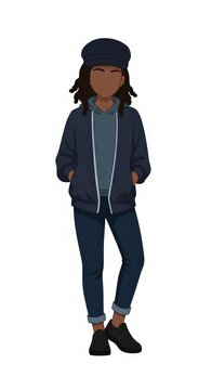 Young girl musician in casual outfit with simple expression standing with hands in pockets and looking ahead