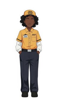 Young girl taxi driver in uniform standing with hands in pockets, simple facial expression, confident pose, modern urban character