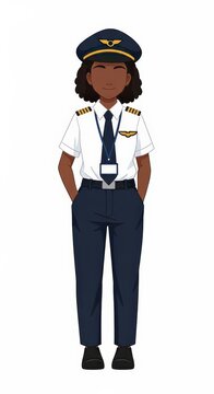 Confident young girl pilot in uniform standing with hands in pockets, simple facial expression, inspirational female aviator character