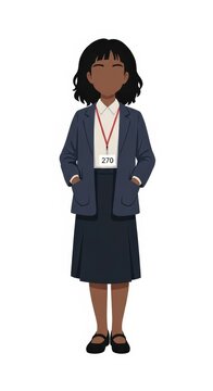 Young girl librarian in uniform standing with hands in pockets, simple facial expression, school id tag, full body pose