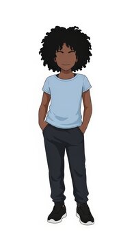 Young girl fitness trainer in casual sportswear standing with hands in pockets, simple facial expression, confident pose, modern minimalist