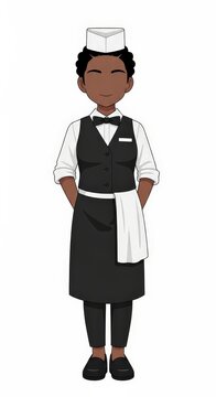 Young girl waiter with simple facial expression in uniform standing with hands in pockets, casual staff pose in restaurant setting