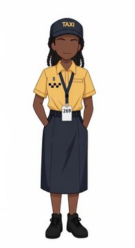 Young girl taxi driver in uniform with simple expression, standing pose with hands in pockets and official badge