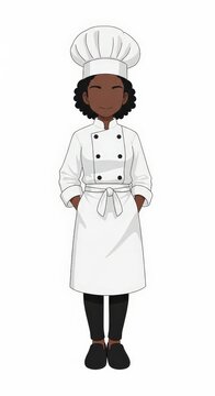 Young girl chef de cuisine standing with hands in pockets wearing uniform and hat, simple facial expression, confident pose